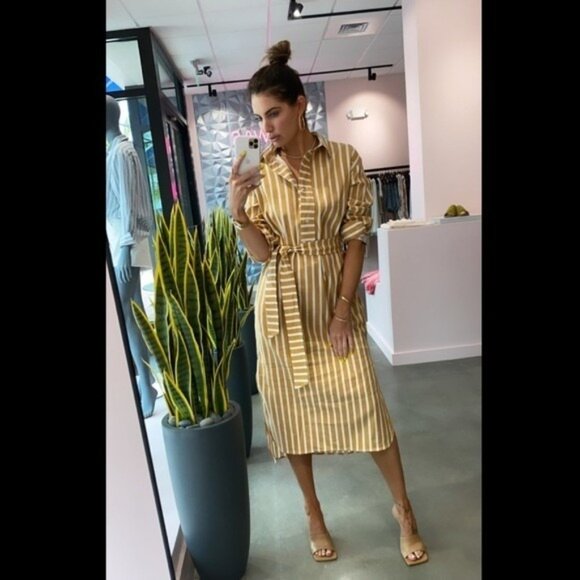 Samsoe NWT $260 M Amara Belted Shirt Dress Honey Stripe Linen Blend - Picture 2 of 9